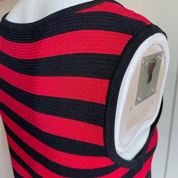 Carmen Marc Valvo Slvless Ribbed Rayon Nylon Knit Striped Dress Red Black Sz M - Picture 8 of 11